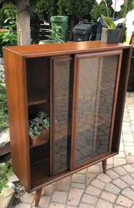 Restored Mcm Walnut Bookcase Display With Sliding Glass Doors L