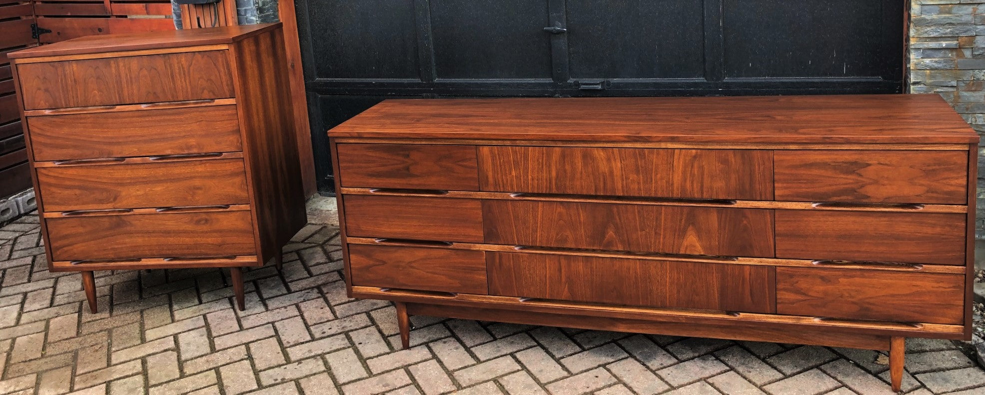 Refinished Mcm Walnut Dresser 9 Drawers 6 Ft And Tallboy 34