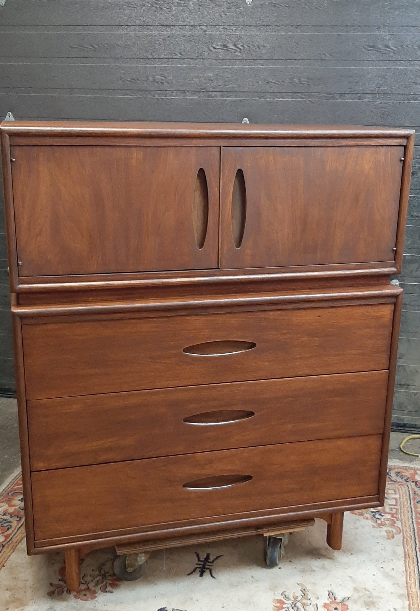 Refinished Mcm Walnut Tall Dresser Or Bureau With Doors Drawers