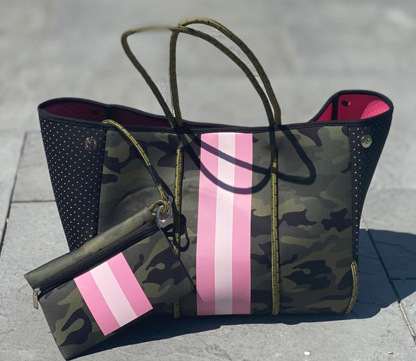 Green Camo with Neon Orange/Lavender Stripe Neoprene Tote bag