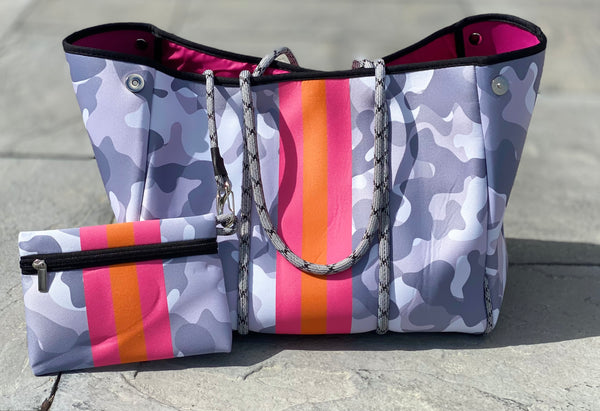 Pink and Green Stripe Camo Neoprene Tote Bag - Pressed to Impress, LLC