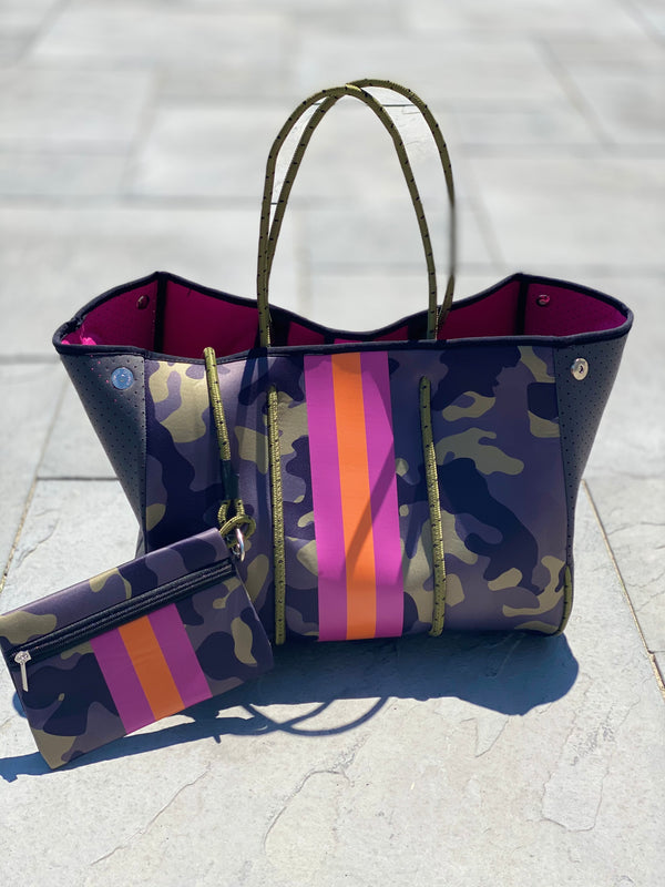 Green Camo with Neon Orange/Lavender Stripe Neoprene Tote bag