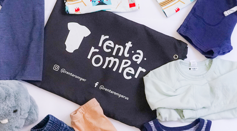 Rent-a-Romper capsule packaging with the clothing contents (baby boy outfits) surrounding it.