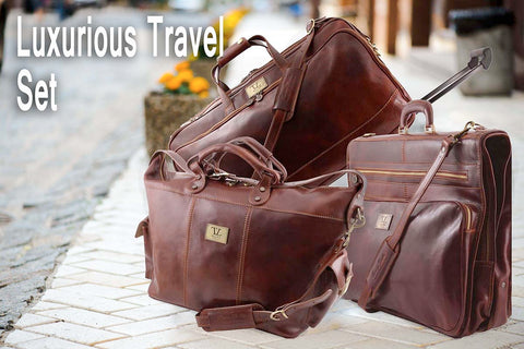 The Luxurious Leather Travel Set Being Depicted On The Side Walk