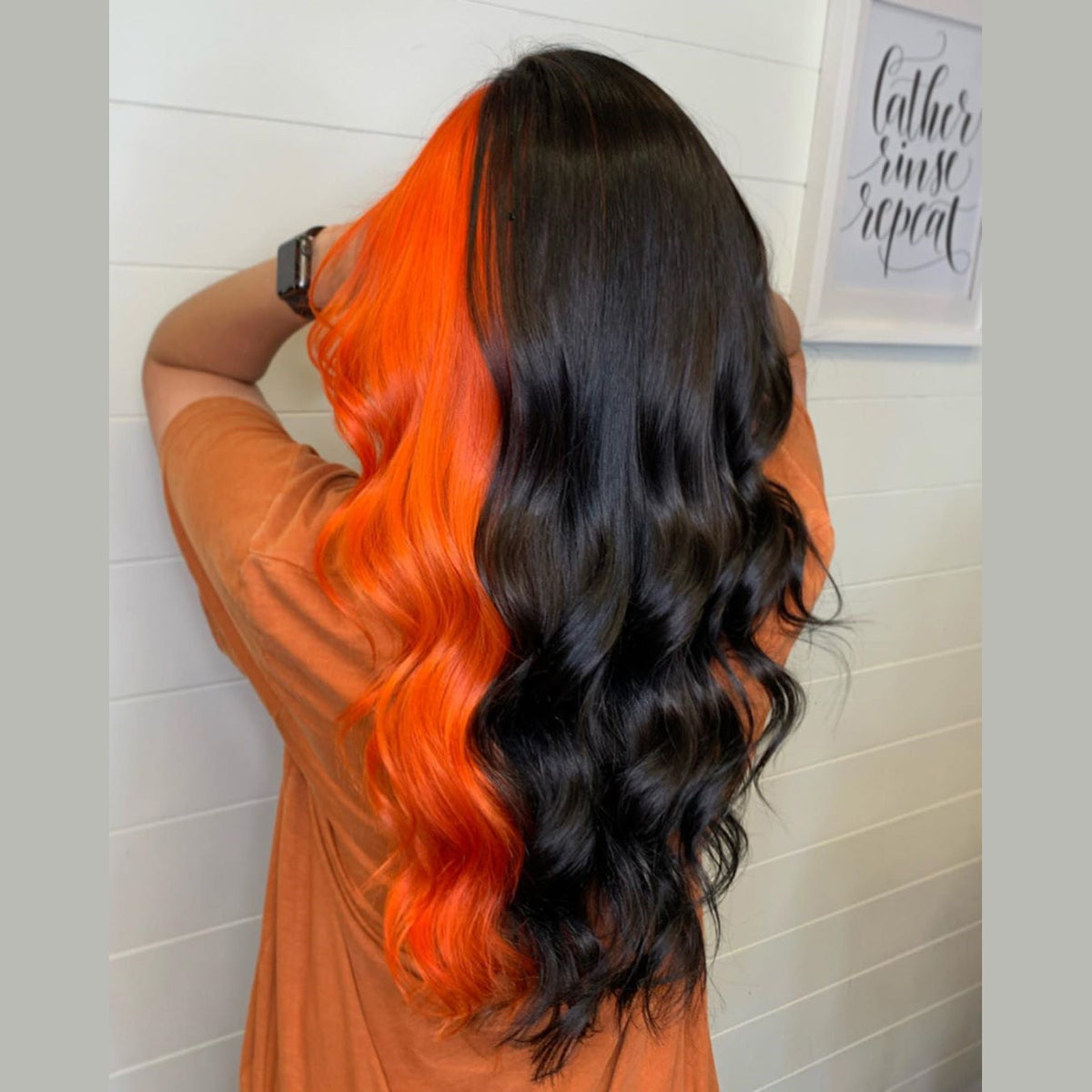 Peruvian Hair Lace Front Wig Half Black With Half Orange Color Body Wa
