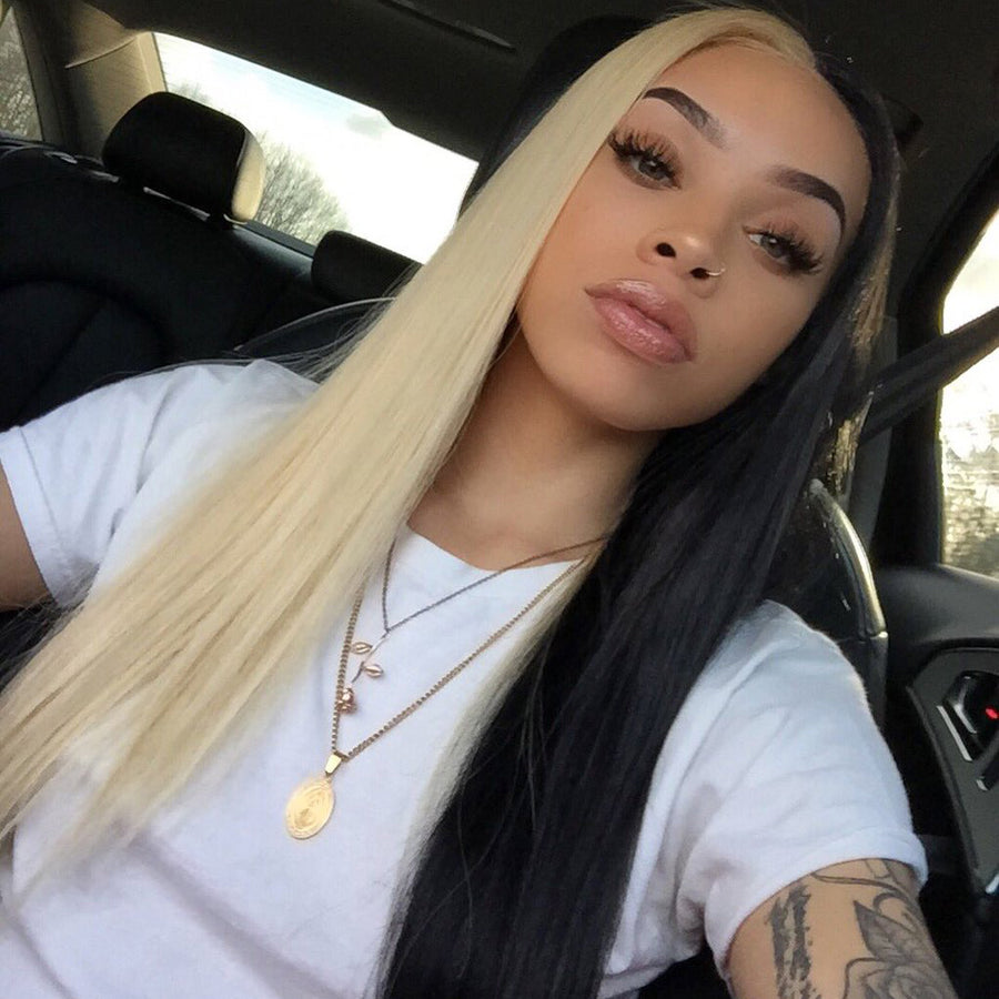 Peruvian Hair Half Blond And Half Black Color Straight Lace Front