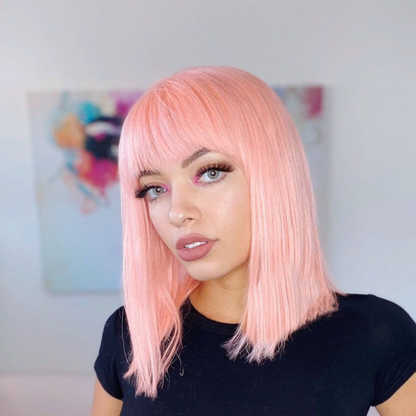 Peruvian Hair Pink Color Straight Lace Front Bob Wig With Bangs – Lux ...