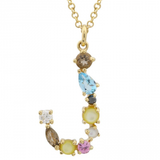 14K Yellow Gold Multi Color Stones Initial Necklace