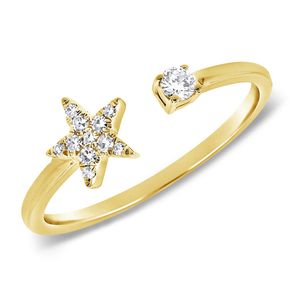 14K White Gold Diamond Mini Star Open Cuff Ring Yellow Gold