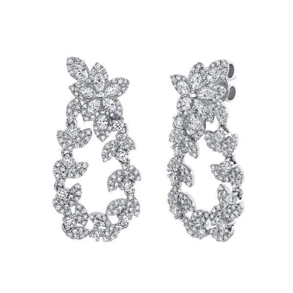 14k White Diamond Marquise Flower & Leaf Drop Earrings