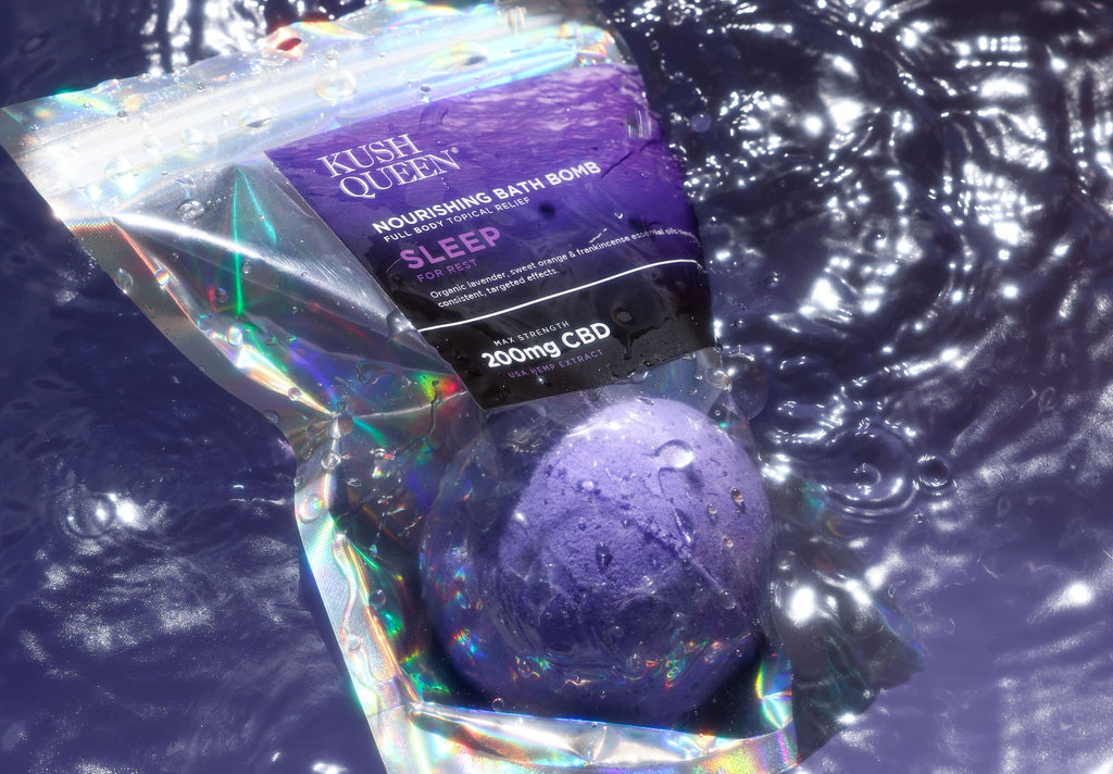 Kush Queen Sleep CBD Bath Bomb floats in bath