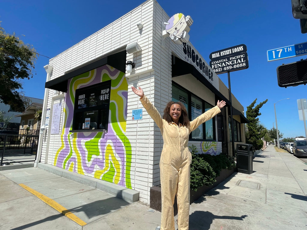 Ashley Monconduit stands outside SnoCorner, her New Orleans-style snoball shop across from Poly High School. Photo by Mike Guardabascio.