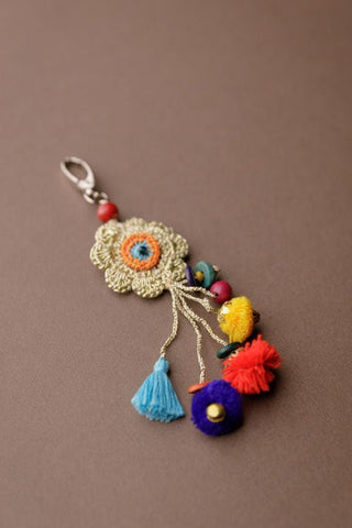 Handmade Blue Beaded Bag Charm Key Chain With Flower Charm