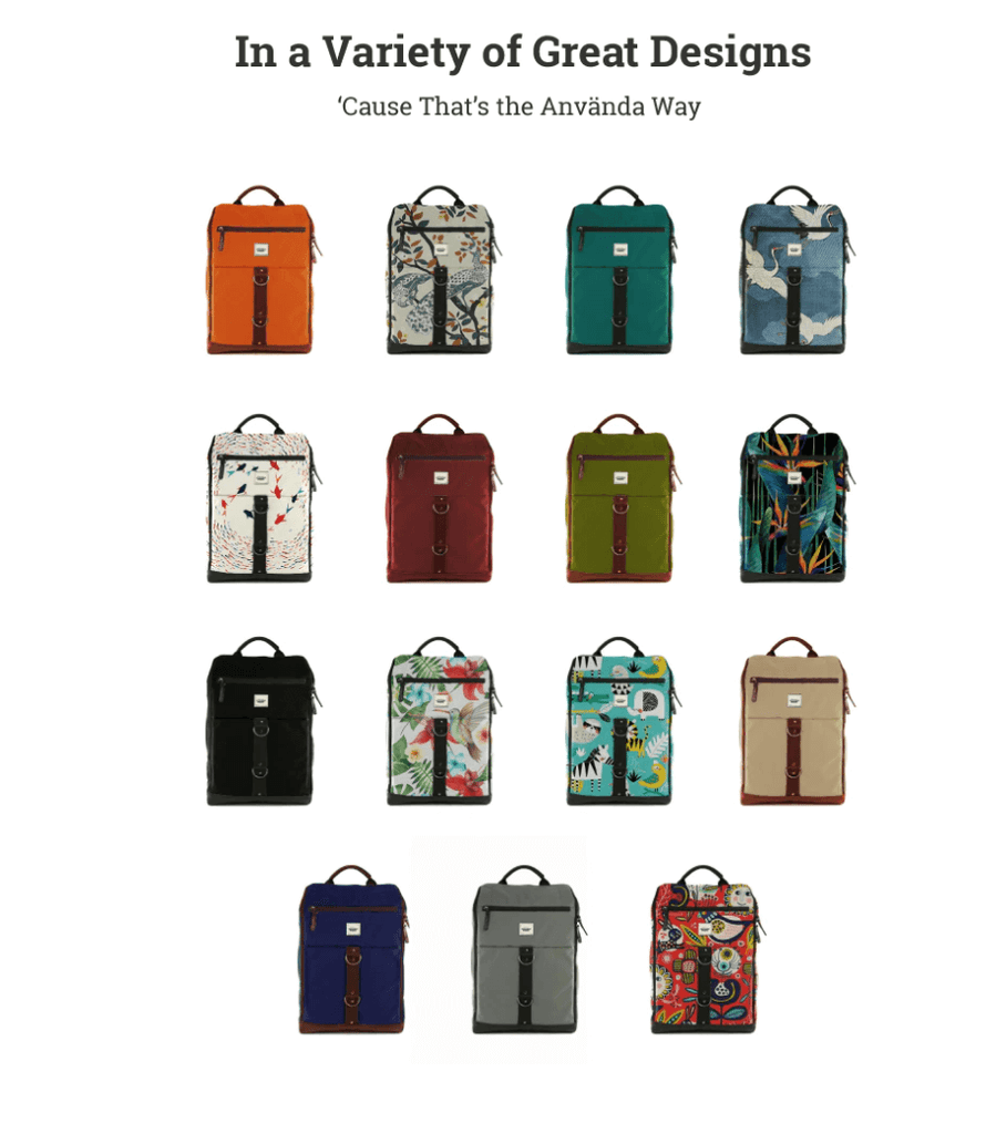 Different patterns of Anvanda backpacks