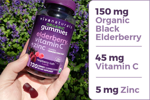 bottle of elderberry gummies with 2 gummies 