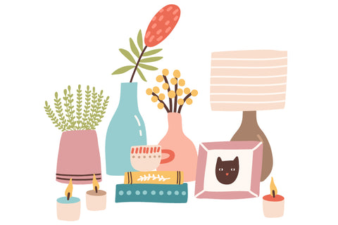 illustration of home decor, including lamps, picture frames and plants 