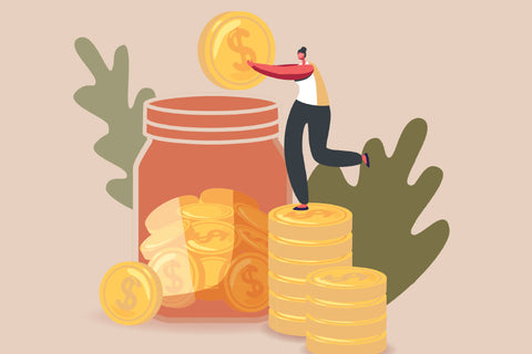 illustration of someone putting coins in a piggybank 