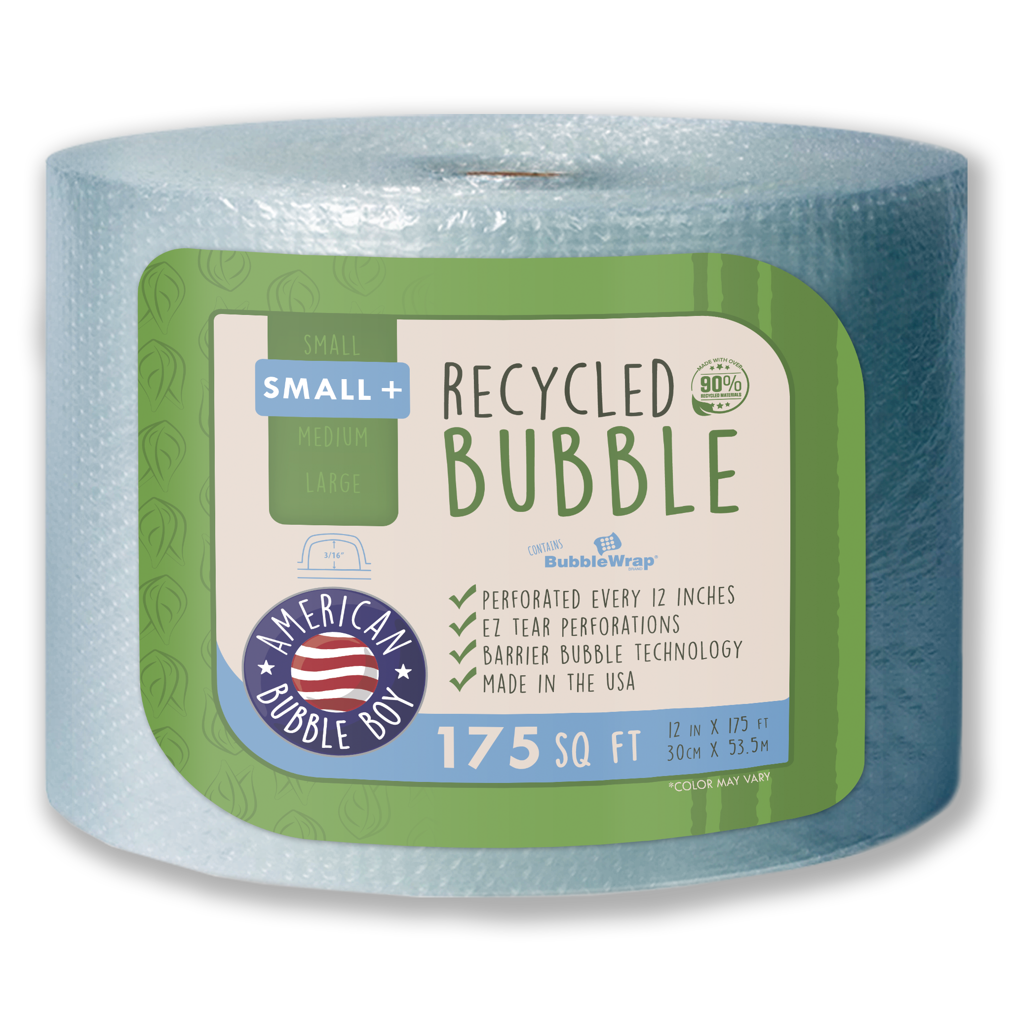 RECYCLED - 12" Small Plus (3/16) Bubble Wrap - 175 Square Feet per Roll