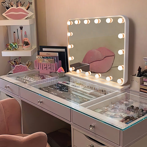 LUXFURNI Hollywood Makeup Mirror in a vanity desk with accessories