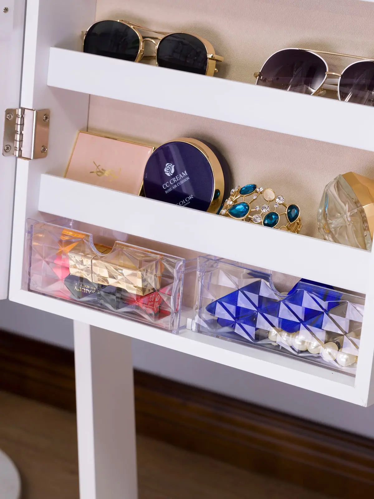 Luxfurni | Jewelry Organizer Minimal Bezel Free Standing Cabinet with Brush Holder