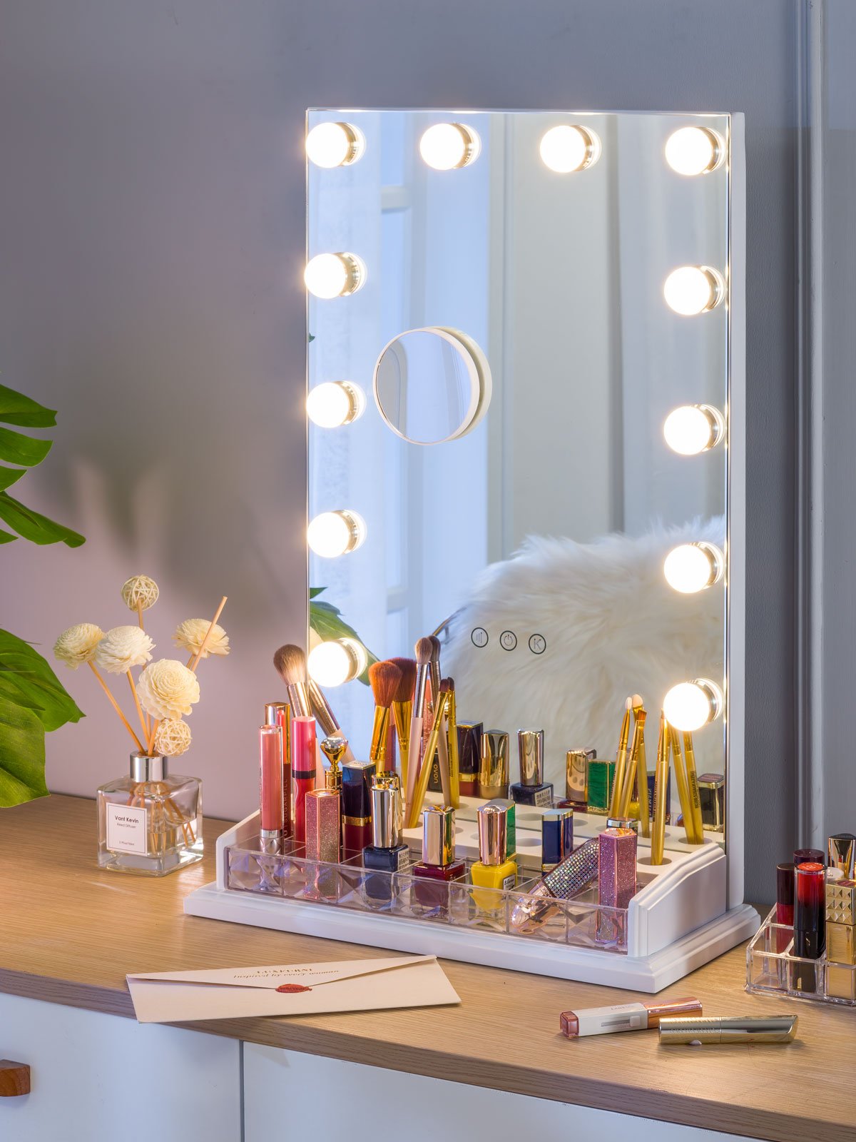 Makeup Organizer Brush Holder LUXFURNI Vanity Table Makeup Hollywood Mirror Dimmable Light Touch Control 12 Cold/Warm LED Lights 