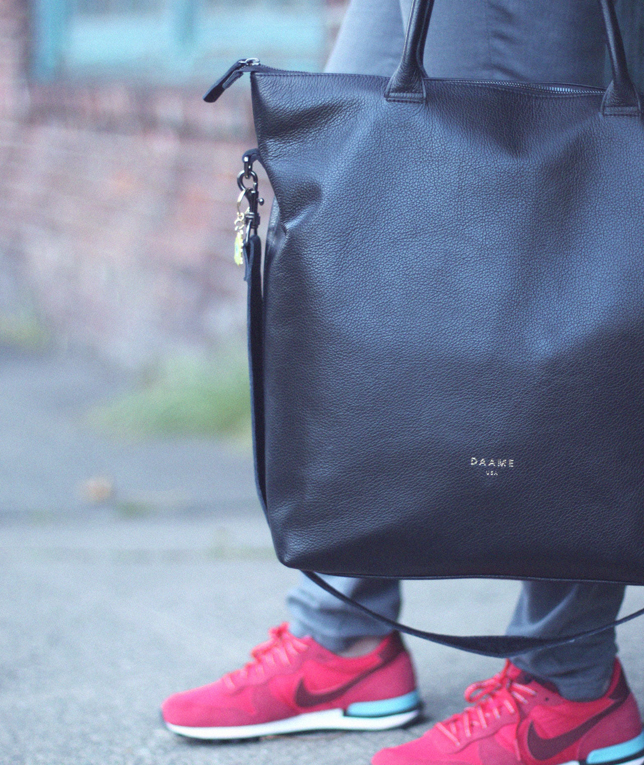 Brittany's leather laptop tote close-up