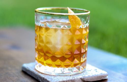Old Fashioned Cocktail in an Amehla Co. Gold Rimmed Old Fashioned Glass