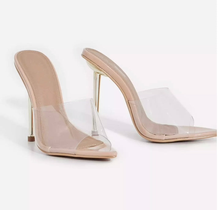 clear pointed open toe heels