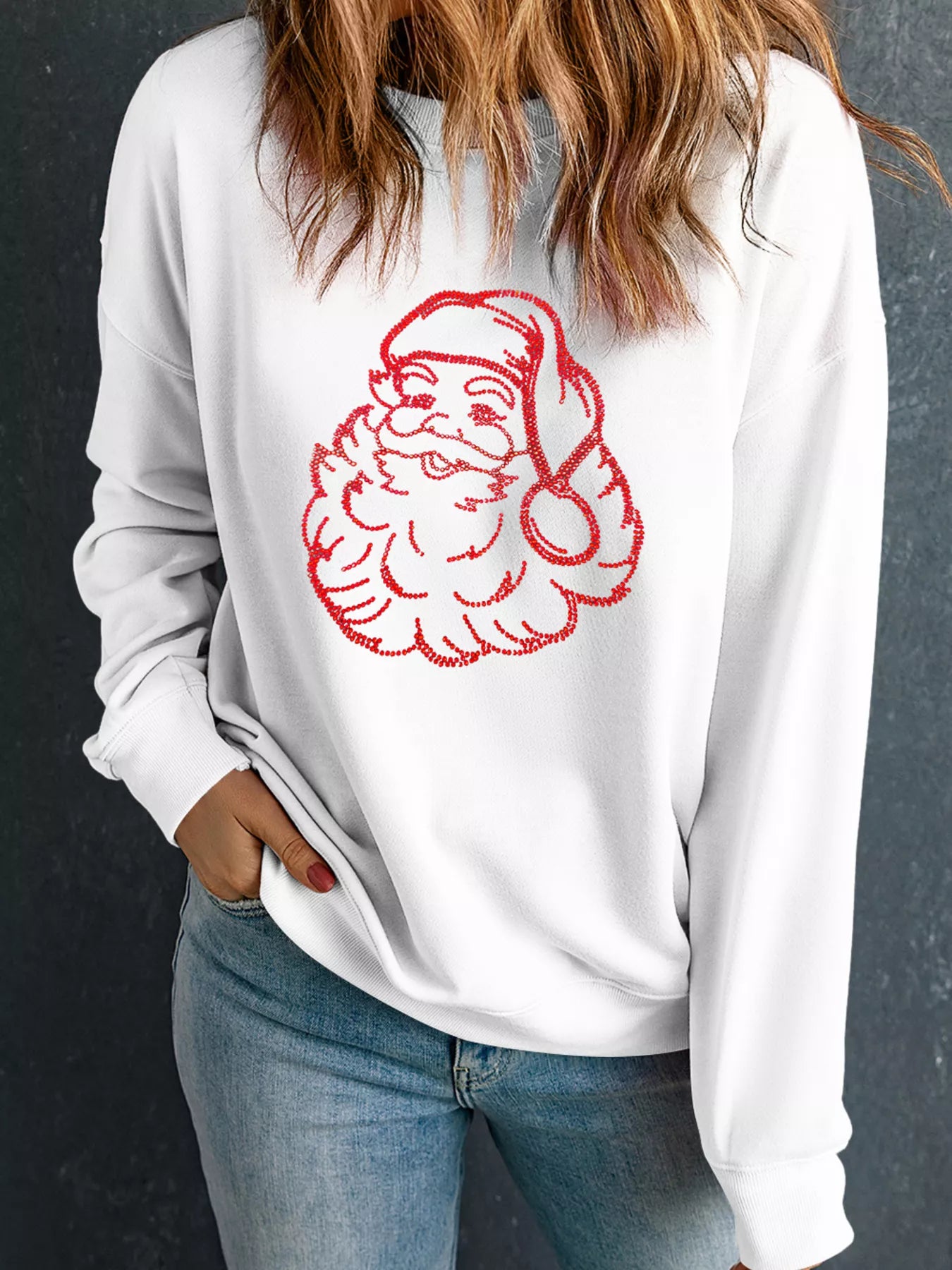 Christmas Santa Rhinestone Drop Shoulder Sweatshirt