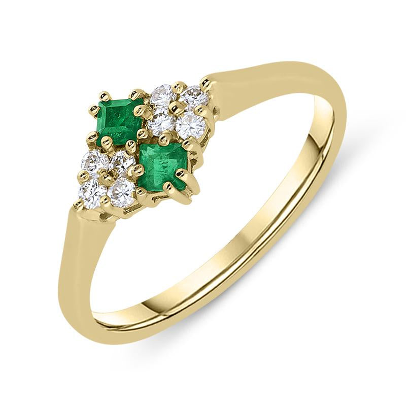 18ct Yellow Gold Emerald Diamond Princess Cut Cluster Ring D