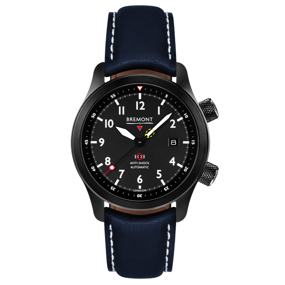 Bremont Watch MBII Custom DLC Black Dial with Anthracite Barrel & Closed Case Back - Blue with White Stitch Leather