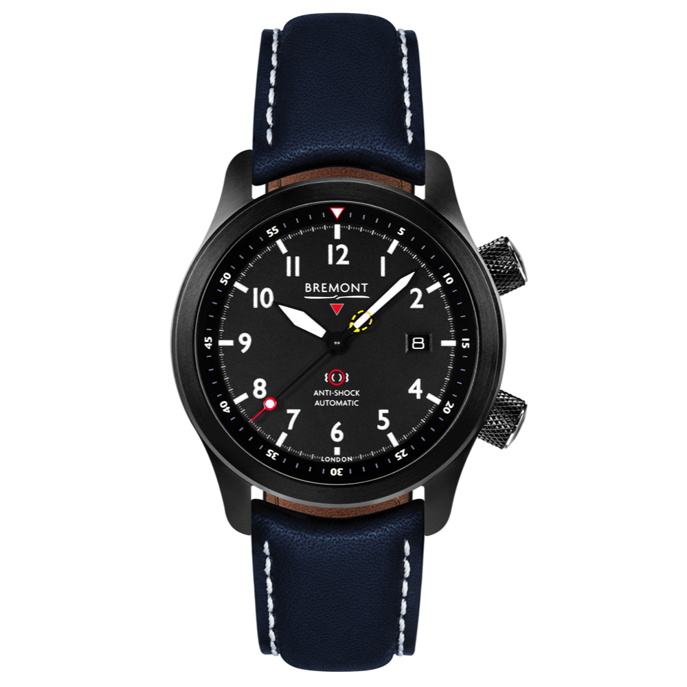 Bremont Watch MBII Custom DLC Black Dial with Bronze Barrel & Open Case Back - Black with Blue Stitch Leather