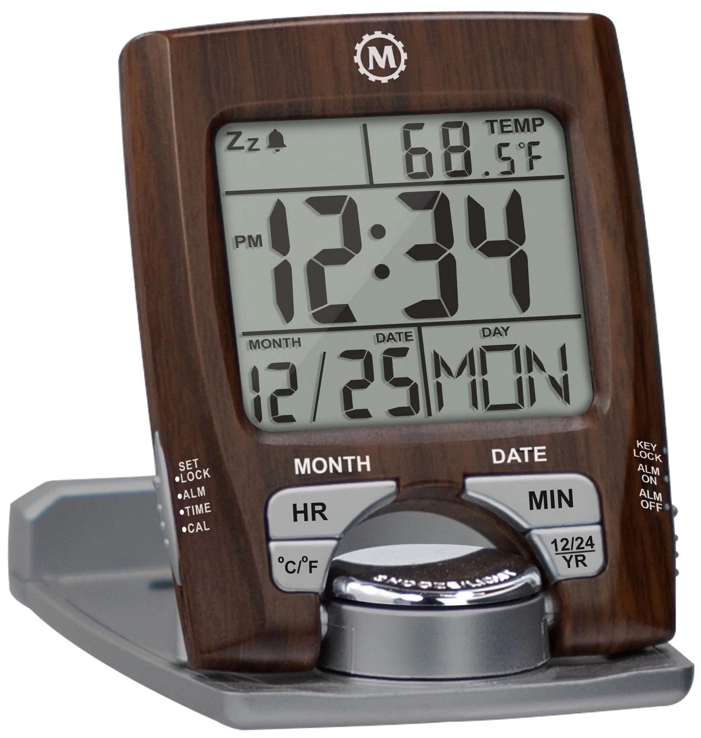 Marathon Clock Travel Alarm Calendar & Temperature Wood CL030023WDSV