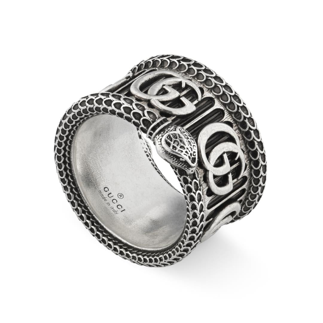 Gucci GG Marmont Aged Sterling Silver Double G Snake Motif Ring D - V