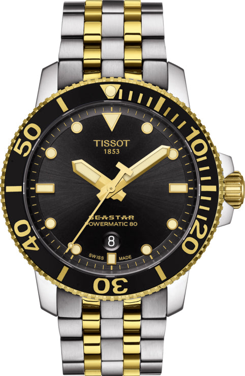 Tissot T1204072205100 Men's Seastar 1000 Powermatic 80 Date Two Tone Bracelet Strap Watch, Silver/Gold
