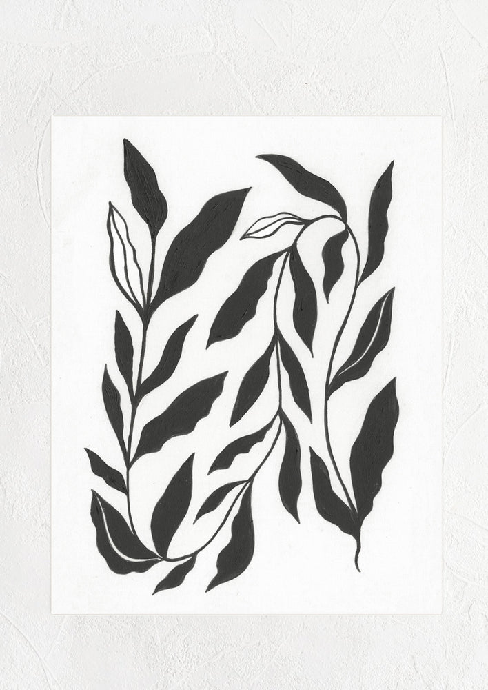 A digital art print of silhouetted black leaf print on white background.