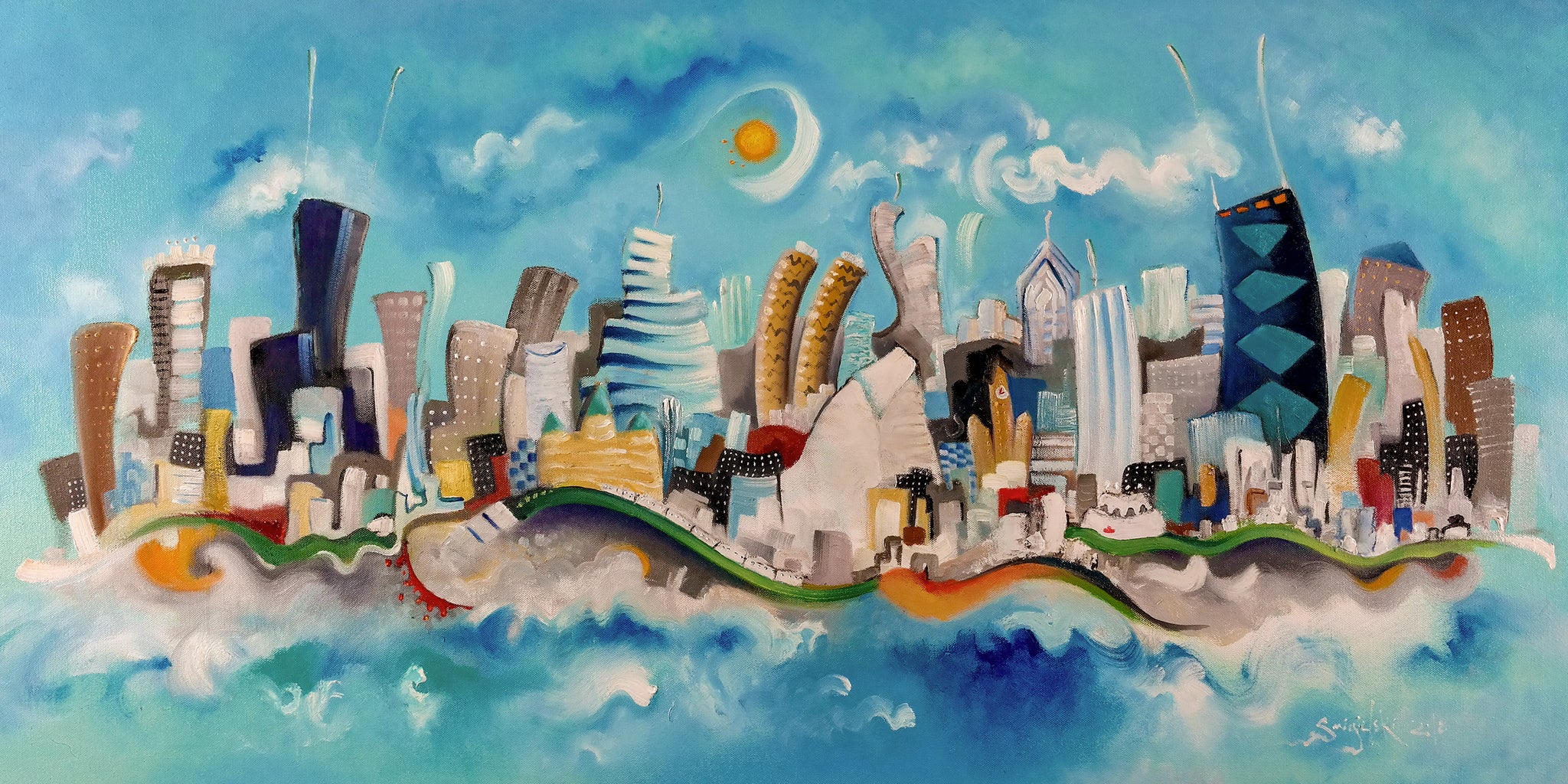 4x8 horizontal Chicago skyline print | blue skyline art | whimsical wa