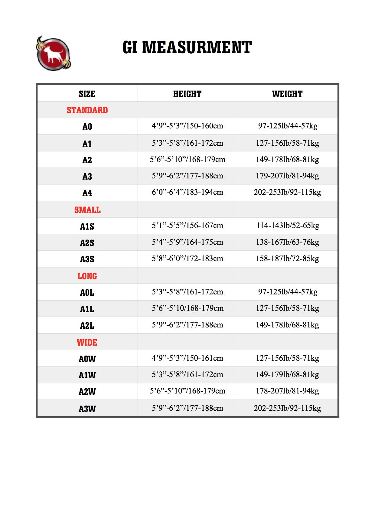 Terrier Size Chart