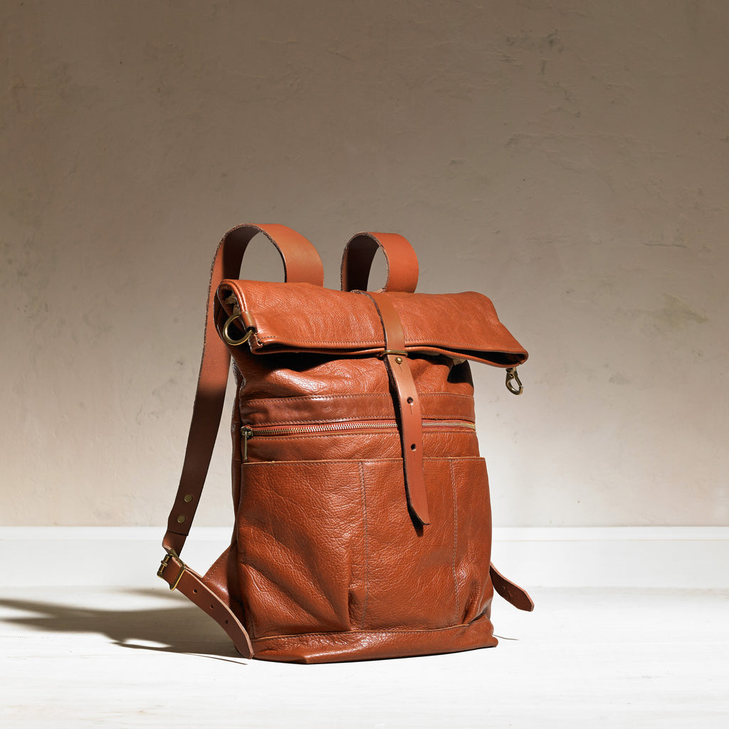 Brown Leather Roll Top Back Pack – TM1985