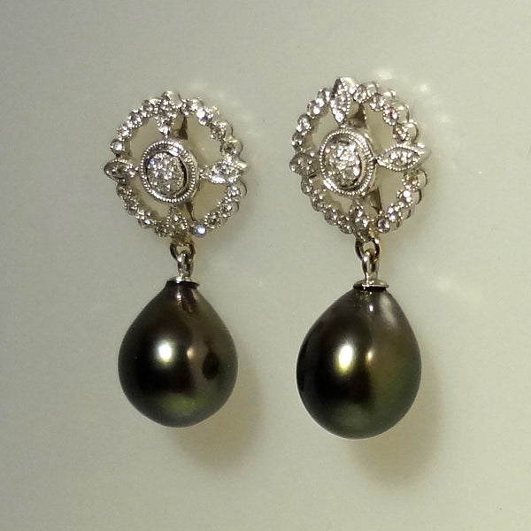 Diamond Tahitian Black Pearl Earrings - Handmade in 14k White Gold ...
