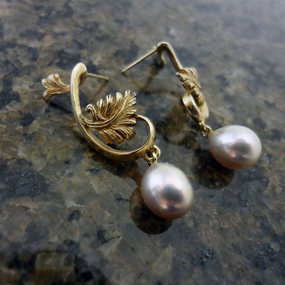 leaves cultured pearl earrings silver 14k gold handmade USA best ...