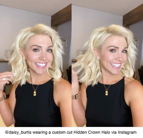 Hidden crown hair extensions influencer daisy burtis halo short hair