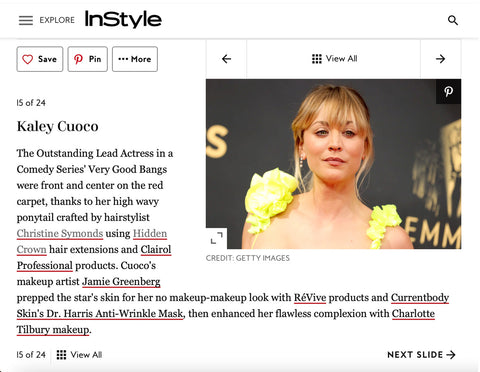 Kaley cuoco hidden crown clip ins christine symonds 2021 emmy awards red carpet beauty InStyle magazine