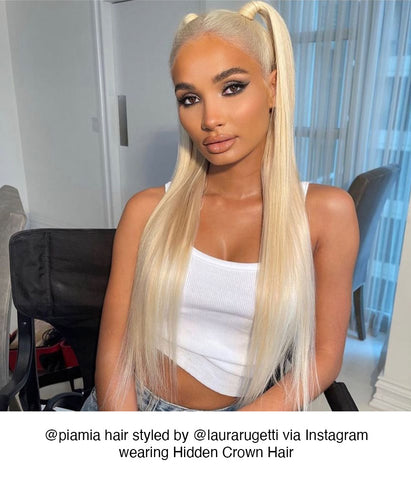Pia mia laura rugetti instagram hidden crown hair popped ponytails Y2K hair long platinum blonde extensions