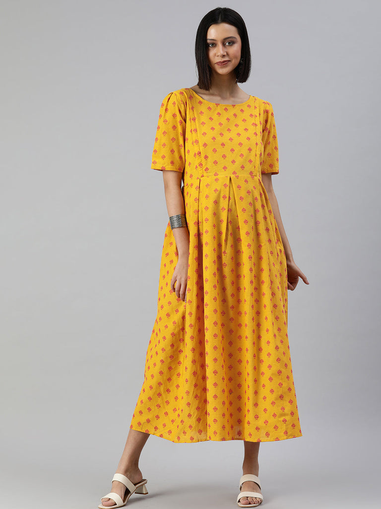 Mustard Yellow & Blue Geometric Printed Maternity A-Line Maxi