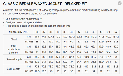 barbour wax jacket size guide