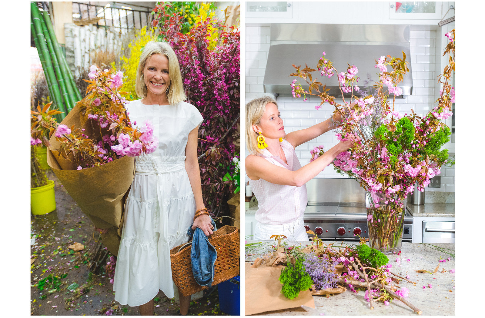 For this particular arrangement you will need a tall vase.  I think one of the keys to any flower arrangement is variety of height. The cherry blossom branches are tall and then I fill in the area towards the bottom with more delicate green and lavender flowers.  