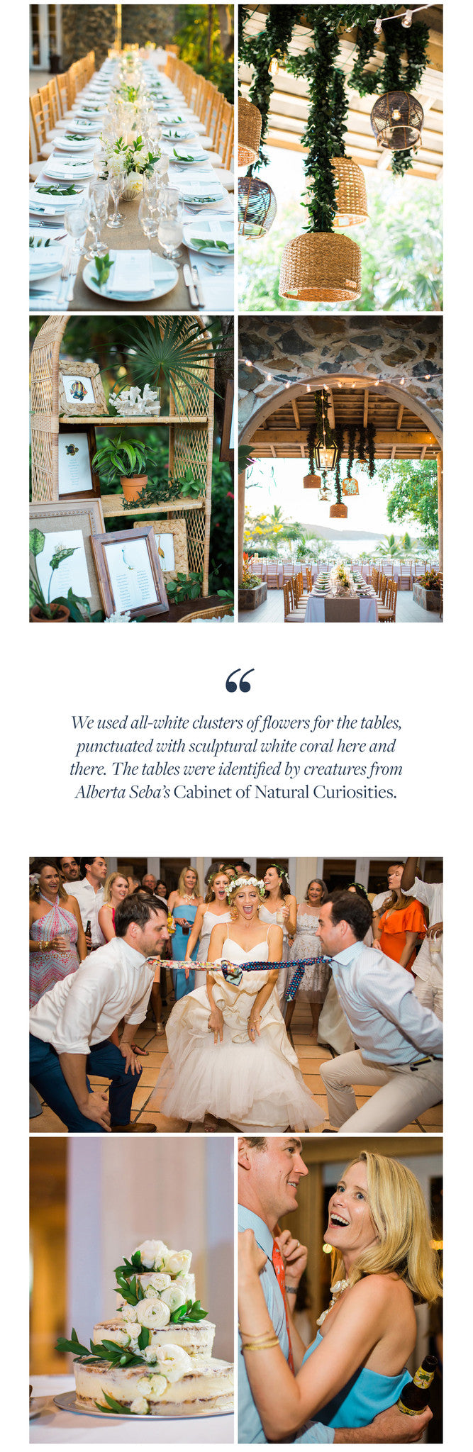 We used all-white clusters of flowers for the tables, punctuated with sculptural white coral here and there. The tables were identified by creatures from Alberta Seba’s Cabinet of Natural Curiosities. 