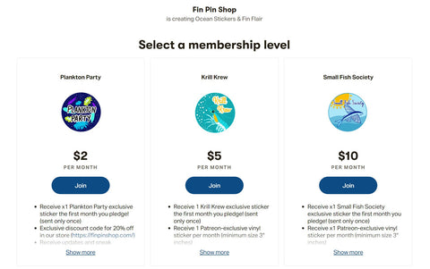 Screenshot of Patreon profile for Fin Pin Shop with preview of rewards tiers.