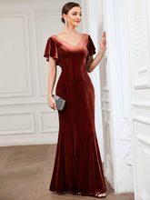 Load image into Gallery viewer, Color=brick-red | Deep V Neck Fishtail Wholesale Evening Dresses with Ruffles Sleeves-brick-red 4